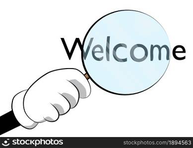 Welcome text under magnifying glass illustration on white background.
