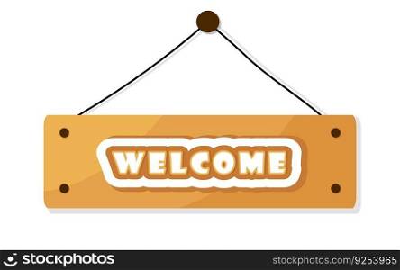 Welcome text wooden mark, isolated home office or shop entrance design element. Cartoon wood texture, direction door board plank. Information banner template.
