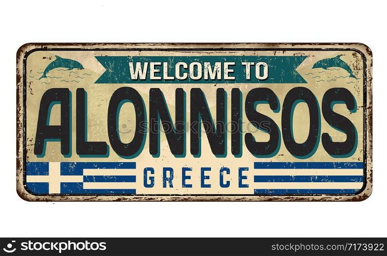 Welcome to Alonnisos vintage rusty metal sign on a white background, vector illustration