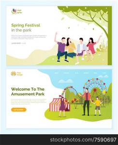 Welcome to amusement park vector, people having fun at spring festival. Man and woman friends laughing sitting on grass under trees, ferris wheel. Website or webpage template, landing page flat style. Welcome to Amusement Park and Spring Festival