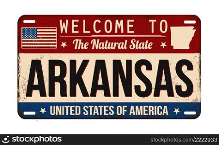 Welcome to Arkansas vintage rusty license plate on a white background, vector illustration