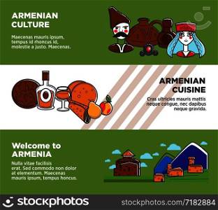 Welcome to Armenia promotional banners with authentic culture and cuisine. National costumes, delicious cuisine and authentic architecture cartoon flat vector illustration on advertisement posters.. Welcome to Armenia promotional banners with authentic culture and cuisine