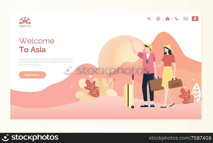 Welcome to Asia couple of tourists standing with bags, portrait view of man and woman, travelers and summer vacation to country, tourism webpage vector. Man and Woman Traveling to Asia, Holiday Vector