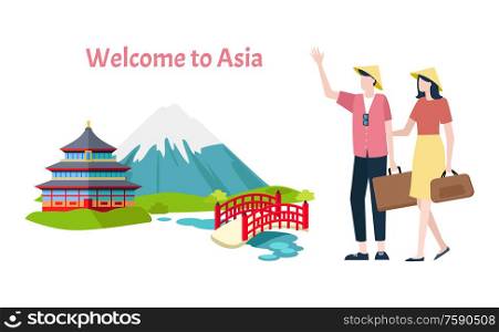 Welcome to Asia vector, mountain and traditional architecture of Asian countries. Man and woman walking with bags and baggage. Bridges and river, building. Welcome to Asia, People Man and Woman Arrived