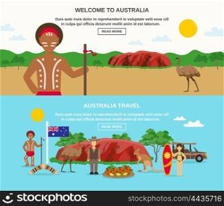 Welcome To Australia Banners . Welcome to australia banners with landscape seafood aborigine surfing animals and flag isolated vector illustration