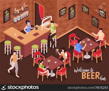 Welcome to beer bar isometric background with bartender and visitors sitting at tables and drinking beer vector illustration