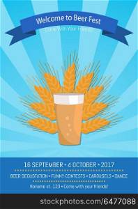 Welcome to Beer Fest 2017 Vector Illustration. Welcome to beer fest 2017 come with your friends, promo poster of oktoberfest depicting pint of pale ale and ear of wheat vector illustration