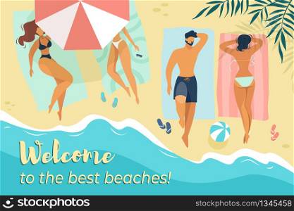 Welcome to Best Beaches Horizontal Banner, Young Male and Female Characters Relaxing under Sun Umbrellas on Sandy Sea Coast with Palm Top View. Summer Time Vacation Cartoon Flat Vector Illustration.. Characters Relax under Sun Umbrellas on Sea Coast