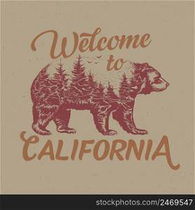 Welcome to California t-shirt label design with illustration of bear silhouette. Hand drawn double exposure illustration.. Welcome to California t-shirt label design with illustration of bear silhouette.