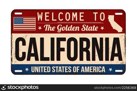 Welcome to California vintage rusty license plate on a white background, vector illustration
