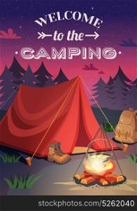 Welcome To Camping Poster. Camping vertical background poster with cartoon style composition shelter tent campfire at the set of sun vector illustration