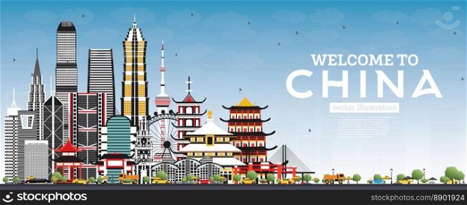 Welcome to China Skyline with Gray Buildings and Blue Sky. Famous Landmarks in China. Vector Illustration. Business Travel and Tourism Concept with Modern Architecture. China Cityscape with Landmarks.