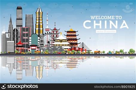 Welcome to China Skyline with Gray Buildings, Blue Sky and Reflections. Famous Landmarks in China. Vector Illustration. Business Travel and Tourism Concept with Modern Architecture. China Cityscape with Landmarks.