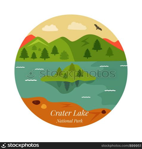 Welcome to Crater Lake National park poster. View on lake, mountains and island. Welcome to Crater Lake National park poster.