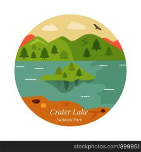 Welcome to Crater Lake National park poster. View on lake, mountains and island. Welcome to Crater Lake National park poster.