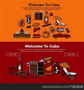 Welcome to Cuba promotional poster with national symbols. Retro vintage cars, traditional dress, local food and famous cigars cartoon flat vector illustrations on bright commercial banners set.. Welcome to Cuba promotional poster with national symbols