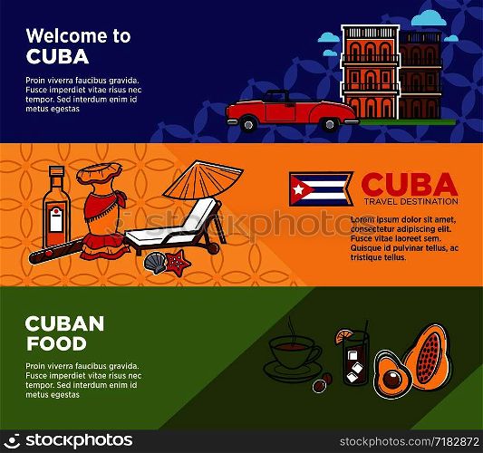Welcome to Cuba promotional posters with country symbols and cuisine. Vintage car, traditional food and authentic architecture commercials. Travel agency banners cartoon vector illustrations.. Welcome to Cuba promotional posters with country symbols and cuisine