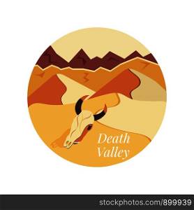 Welcome to Death Valley poster. Sand dunes, rock mountains and animal skull. Welcome to Death Valley vintage poster.