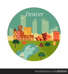 Welcome to Denver poster. View on lake and skyscrapers. Welcome to Denver poster. View onskyscrapers