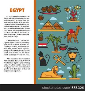 Welcome to Egypt architecture cuisine and animals Egyptian culture vector tourism pyramids and camel palms and sphinx coptic cross and cat bedouin, and meat balls coral reef and cactus flag and tea. Egypt traveling and tourism architecture cuisine and animals poster
