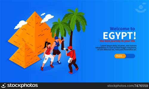 Welcome to egypt online journey planning booking isometric website horizontal banner with pyramids palms travelers vector illustration