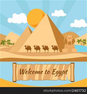 Welcome to Egypt, Pyramids and sphinx. Vacation and monument, sand and statue, camel and exotic, vector illustration. Welcome to Egypt, Pyramids and sphinx