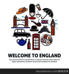 Welcome to England promotional banner with national symbols. Architectural landmarks, English breakfast, blue teapot, black cab and telephone booth isolated cartoon flat vector illustrations set.. Welcome to England promo banner with national symbols