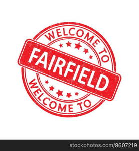 Welcome to FAIRFIELD. Impression of a round stamp with a scuff. Flat style