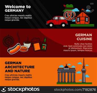 Welcome to Germany advertisement banners with national cuisine and architecture. Tasty food, authentic buildings and national symbols vector illustrations on commercials of trip to European country.. Welcome to Germany advertisement banners with national cuisine and architecture