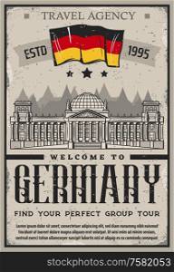 Welcome to Germany, Berlin city tours and group travel agency retro vintage poster. Vector German flag, historic trips to Bundestag museum and Berlin architecture landmarks sightseeing. Germany travel and tourism, Berlin city tours