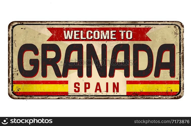 Welcome to Granada vintage rusty metal sign on a white background, vector illustration