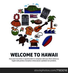 Welcome to Hawaii promo poster with national symbols. Straw skirt with flower beads, stone statues, tall palm, acoustic guitar, bright surfboard, sea turtle and fruity food vector illustrations.. Welcome to Hawaii promo poster with national symbols