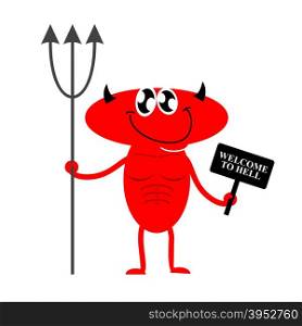 Welcome to hell. Cute Red Devil holding a sign and Trident. Devil invites you to hell. Vector illustration.&#xA;