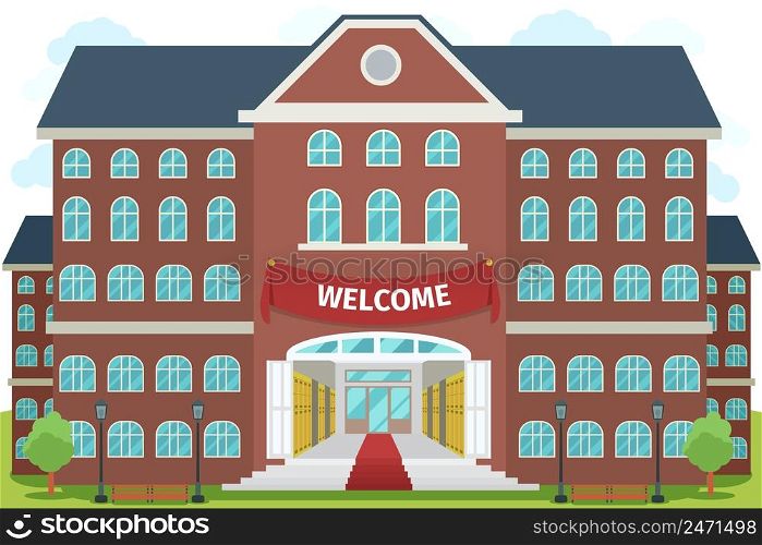 Welcome to high school. University study, architecture construction building, exterior and front, vector illustration. Welcome to high school