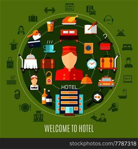 Welcome to hotel round set with flat icons imaging transfer accommodation and restaurant services vector illustration. Welcome To Hotel Round Set