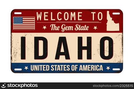 Welcome to Idaho vintage rusty license plate on a white background, vector illustration