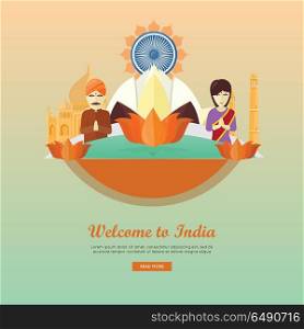 Welcome to India conceptual web banner. Flat style vector. Vacation in Asia. Lotus ornament, indian architecture and peoples illustrations. For travel company landing page, corporate site design. Welcome to India Flat Style Vector Web Banner. Welcome to India Flat Style Vector Web Banner