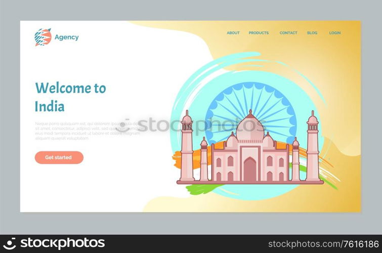 Welcome to India vector, time to travel. Cultural indian heritage, tourism in Asian country, mausoleum famous world touristic destination. Travel weekend in India. Website or webpage flat style. Welcome to India Time to Travel Website