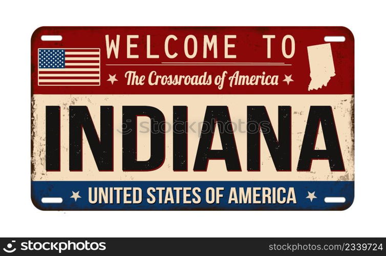 Welcome to Indiana vintage rusty license plate on a white background, vector illustration
