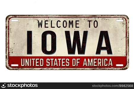 Welcome to Iowa vintage rusty metal plate on a white background, vector illustration