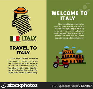 Welcome to Italy promo booklets with cultural elements and architecture. Local style outfit and red moped near famous building cartoon flat vector illustrations on brochures with sample text.. Welcome to Italy promo booklets with cultural elements and architecture