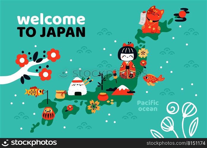 Welcome to Japan. Map with traditional elements. Cultural attraction. Invitational travel banner. Lucky items and oriental food. National tourism attributes. Japanese souvenir. Garish vector poster. Welcome to Japan. Map with traditional elements. Cultural attraction. Invitational travel banner. Lucky items and food. National tourism attributes. Japanese souvenir. Vector poster