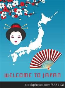 Welcome to Japan poster template. Welcome to Japan poster template. Vector illustration with map of Japan, face of geisha, paper fan and sakura cherry blossom