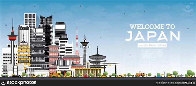 Welcome to Japan Skyline with Gray Buildings and Blue Sky. Vector Illustration. Tourism Concept with Historic Architecture. Japan Cityscape with Landmarks. Tokyo. Osaka. Nagoya. Kyoto.
