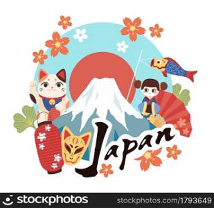 Welcome to japan. Tourist invitation banner, cultural symbols country, decorative lucky toys, daruma, maneki cat and kokeshi dolls, national elements, landmarks. Vector cartoon flat isolated poster. Welcome to japan. Tourist invitation banner, cultural symbols country, decorative lucky toys, daruma, maneki cat and kokeshi dolls, national elements, landmarks. Vector cartoon poster