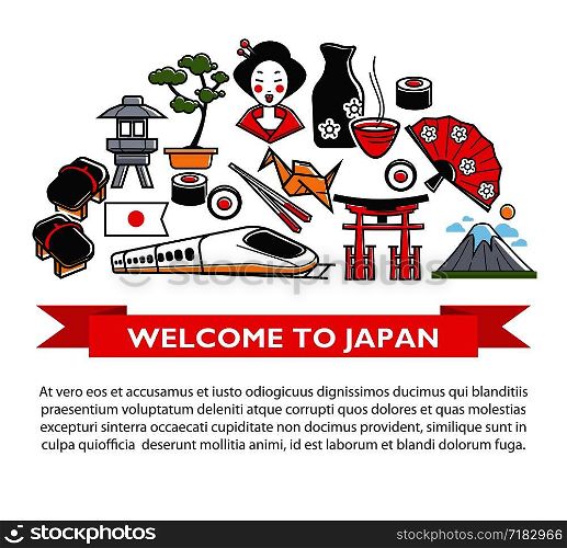 Welcome to Japan travel poster of Japanese famous landmark symbols and culture tourist attraction sightseeings. Vector Japanese flag, Mount Fuji and geisha woman kimono, sushi food chopstick. Welcome to Japan travel poster of Japanese culture famous sightseeing landmarks and attractions icons