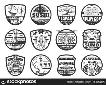 Welcome to Japan, vector icons, Japanese culture, tradition, food and famous landmarks. Tokyo sushi restaurant sign, cherry blossom and sumo school, bonsai and Japanese drum music, samurai and geisha. Japanese tradition, culture, travel and food