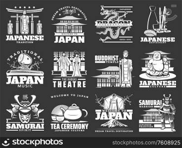 Welcome to Japan, vector travel icons of Japanese tourism to culture traditions and landmarks. Japan Tokyo Fuji mount, kabuki theater kimono and samurai, Japanese music instruments and tea ceremony. Japanese culture, Japan travel landmarks icons