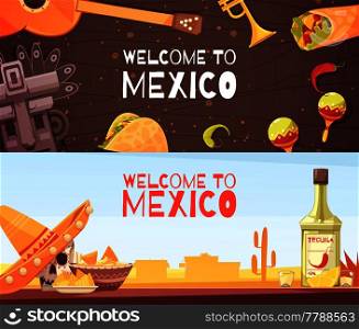 Welcome to mexico horizontal banners with national cultural and culinary elements flat vector illustration. Welcome To Mexico Horizontal Banners