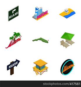 Welcome to Miami icons set. Isometric 3d illustration of 9 welcome to Miami vector icons for web. Welcome to Miami icons set, isometric 3d style